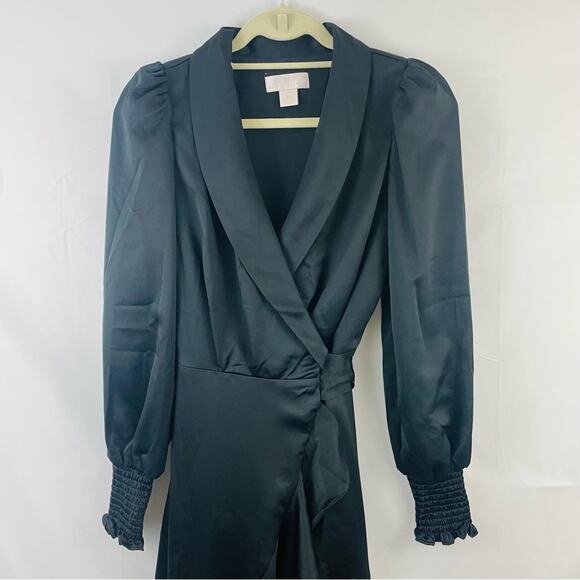 EUC‎ Rachel Parcell Long Sleeve Hammered Ruffled Satin Wrap Dress Black size XXS - Picture 4 of 12